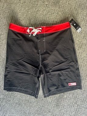 ethika Men’s Black Swim Board Shorts with Red Waistband